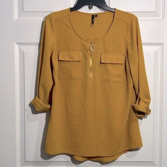 Cathy Women’s Medium Gold Blouse - Zip Accent Roll Tab Sleeves Pullover Top - Picture 1 of 7
